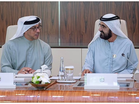 His Highness Sheikh Mohammed bin Rashid Al Maktoum, Vice President and Prime Minister of the UAE and Ruler of Dubai, and Sheikh Mansour bin Zayed Al Nahyan, Vice President, Deputy Prime Minister, and Chairman of the Presidential Court, during the Cabinet meeting at Qasr Al Watan in Abu Dhabi on Tuesday