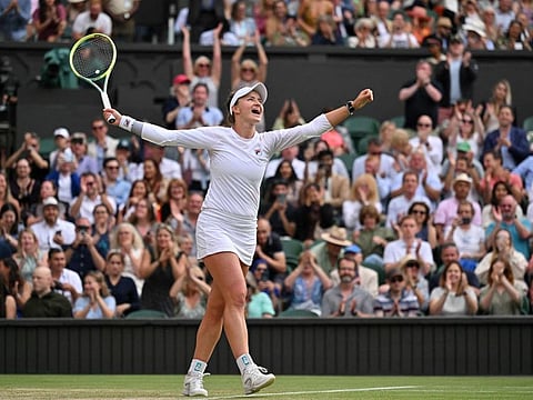 Czech Republic's Barbora Krejcikova celebrates winning against Kazakhstan's Elena Rybakina during their women's singles semi-final tennis match at The All England Lawn Tennis and Croquet Club in Wimbledon on Thursday.