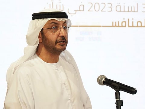 Abdullah Ahmed Al Saleh, Undersecretary of the Ministry of Economy, speaks at a media briefing that reviewed the federal law on competition regulation that aims to promote and protect competition in the country.