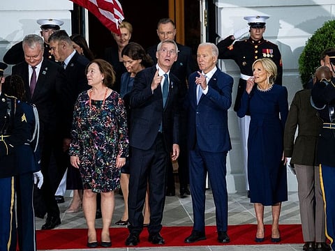 Jens Stoltenberg, secretary general of the North Atlantic Treaty Organization (Nato), centre left, US President Joe Biden, centre right, and First Lady Jill Biden, right, during an arrival ceremony at the South Portico of the White House in Washington, DC, on July 10, 2024.