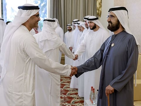 His Highness Sheikh Mohammed bin Rashid Al Maktoum, Vice President and Prime Minister of the UAE and Ruler of Dubai, during the meeting at Union House in Dubai on Thursday