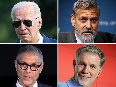 Clockwise from top-left: Joe Biden, George Clooney, Reed Hastings and Ari Emanuel