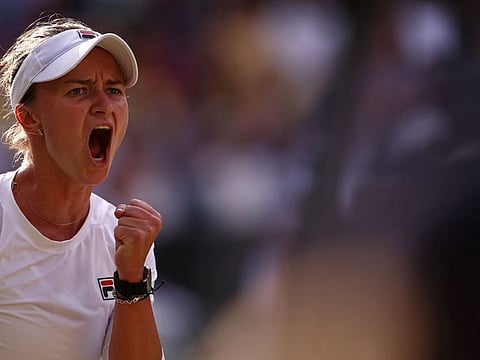 Czech Republic's Barbora Krejcikova celebrates winning against Kazakhstan's Elena Rybakina during women's singles semi-finals in Wimbledon Championships on Thursday.