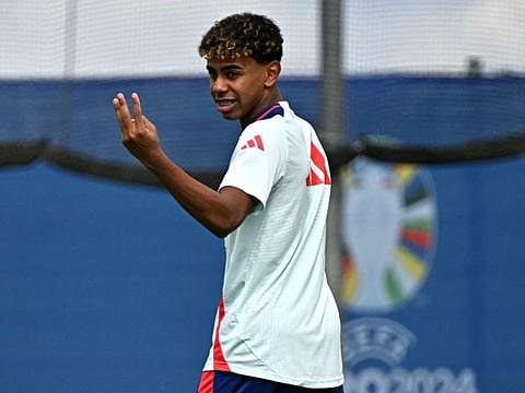 Spain's Lamine Yamal takes part in a training session.