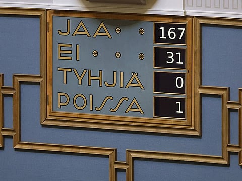 A board shows the vote count after the parliament voted on the government's plans to change the country's deportation laws, at the Parliament in Helsinki, Finland, on July 12, 2024.