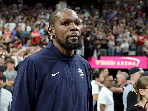 Kevin Durant of the United States walks on the court after the team's 86-72 victory over Canada in their exhibition game ahead of the Paris Olympic Games in Las Vegas, Nevada.