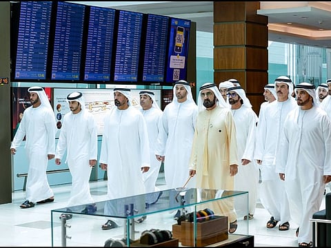 His Highness Sheikh Mohammed bin Rashid Al Maktoum, Vice President and Prime Minister of the UAE and Ruler of Dubai, reviewing the progress of work at Terminal 3 at Dubai International on Saturday.