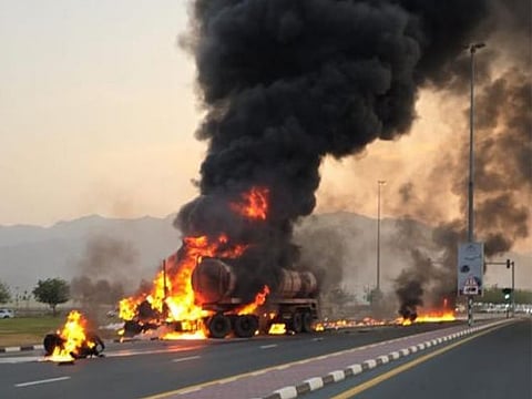 File photo of an accident in Fujairah in July in which a driver was killed in a collision between a truck and a sewage tanker