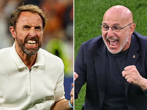 England's head coach Gareth Southgate (L) and Spain's head coach Luis de la Fuente.