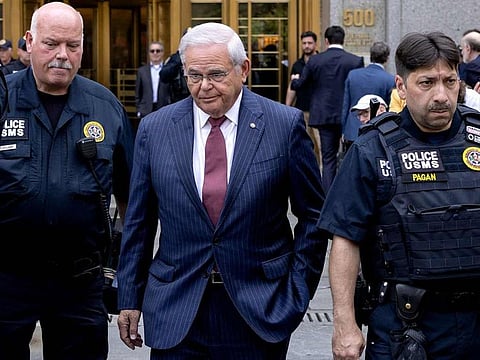 Senator Robert Menendez, a Democrat from New Jersey, centre, exits federal court in New York, US, on Tuesday, July 16, 2024. Menendez, the powerful New Jersey Democrat, was found guilty of corruption charges related to the FBI seizure of 13 gold bars, nearly $500,000 in cash and a Mercedes Benz at his home.