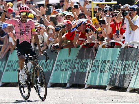 EF Education - EasyPost team's Ecuadorian rider Richard Carapaz cycles to the finish line to win the 17th stage of the 111th edition of the Tour de France cycling race, 177,8 km between Saint-Paul-Trois-Chateaux and Superdevoluy, southern France, on Wednesday.