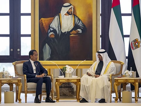 His Highness Sheikh Mohamed bin Zayed Al Nahyan, President of the United Arab Emirates (R) meets with Joko Widodo, President of Indonesia (L), during a state visit reception at Qasr Al Watan.