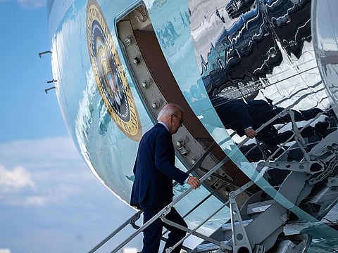US President Joe Biden boards Air Force One as he departs Harry Reid International Airport in Las Vegas, Nevada.