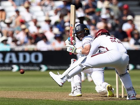 England's Ollie Pope hits a four on the first day of the second Test cricket match against West Indies at Trent Bridge in Nottingham on Thursday.