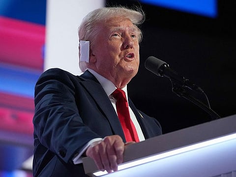 Republican presidential nominee, former US President Donald Trump speaks after officially accepting the Republican presidential nomination on stage on the fourth day of the Republican National Convention.