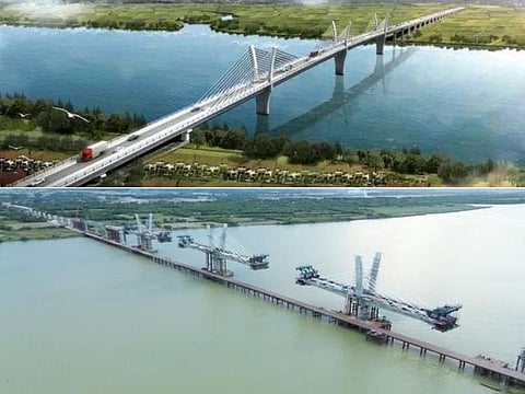 An artist's view (above) and a drone shot (below) showing the under-construction 1.58-km Camalaniugan Bridge, which crosses Cagayan River in northern Philippines. Known as the longest cable-stayed bridge in Region 2, it is expected to open later this 2024.