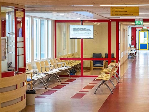 This photograph shows a general view of an empty waiting room in the Scheper hospital in Emmen, on July 19, 2024. The emergency department of the Scheper hospital is closed due to a global computer failure.
