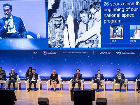 Dr Ahmad Belhoul Al Falasi, Minister of Sports and Chairman of the Board of Directors of the UAE Space Agency, speaking at the 45th Scientific Assembly of the Committee on Space Research (COSPAR) in Busan, South Korea.