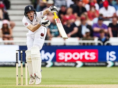 England's Harry Brook is struck by a ball from West Indies Alzarri Joseph on the third day of the second Test at Trent Bridge in Nottingham on July 20, 2024.