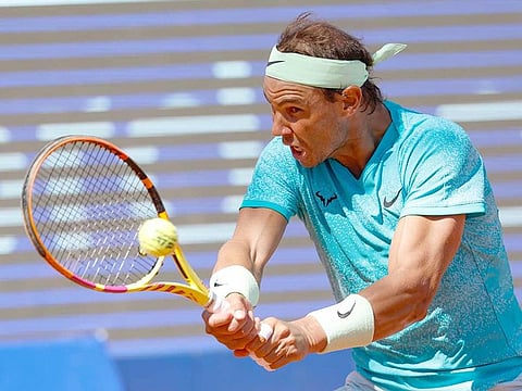 Spain's Rafael Nadal returns the ball to Croatia's Duje Ajdukovic during their men's semi-final singles match of the ATP Nordea Open tennis tournament in Bastad, Sweden, on July 20, 2024.