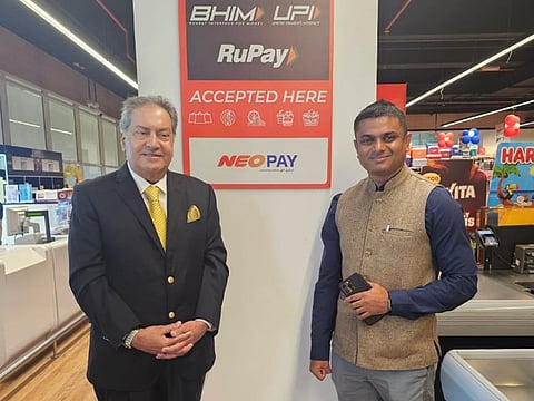 Kamal Vachani, Group Director and Partner of Al Maya Group, with Yatin Patel, Deputy Consul General of India in Dubai during the launch of UPI payments at Al Maya Supermarkets