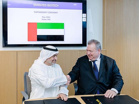 Emirates Biotech, formerly known as Gulf Biopolymers Industries, will have its headquarters in Dubai. Pictured above are Shaikh Suhail Ali Saeed Rashed Al-Maktoum and Theodorus Everwijn signing the partnership agreement.