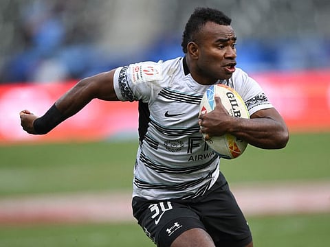 Fijis Jerry Tuwai in aciton during the Los Angeles 2023 World Rugby Sevens Series event. Fiji hope the return of Tuwai can inspire them to a third-straight Olympic rugby gold after a season of turmoil on and off the pitch.