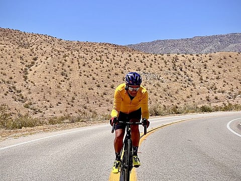 Dr Bhuvaneshwar Machani takes on the Glass Elevator, the 10-mile descent that drops 3,626 feet down into Borrego Springs as part of the Race Across America.