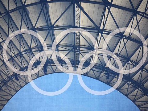 The Olympic rings at the Marseille Stadium in Marseille on Wednesday.