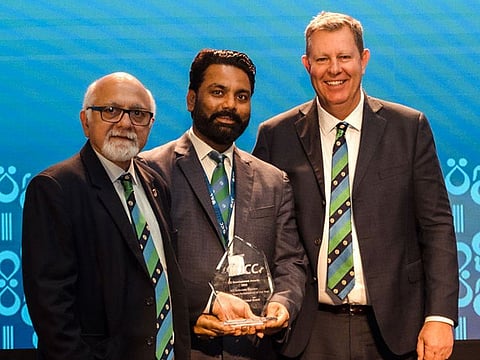 Mubashshir Usmani receiving the ICC Associate Member Women’s Performance of the Year award from ICC Chairman Greg Barclay and ICC Associate Member Director Imran Khwaja on the sidelines of the ICC Annual Conference in Colombo last week.