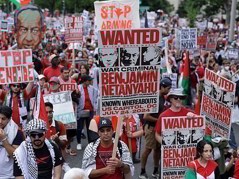 Activists participate in a pro-Palestinian protest near the US Capitol on July 24, 2024 in Washington, DC.
