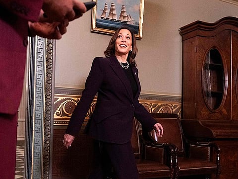 US Vice President Kamala Harris arrives to speak to the press at the Eisenhower Executive Office Building in Washington, DC