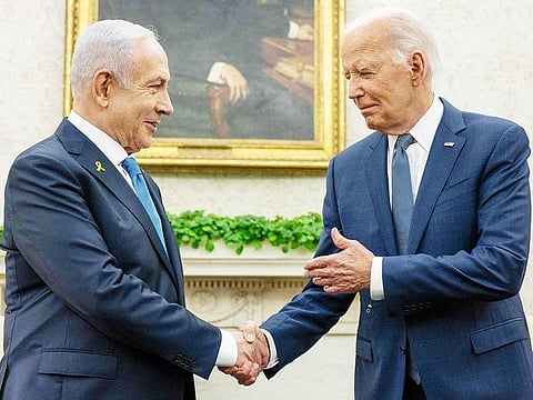 US President Joe Biden (right) shakes hands with Israeli Prime Minister Benjamin Netanyahu during a meeting in the Oval Office of the White House in Washington, DC, on July 25, 2024.