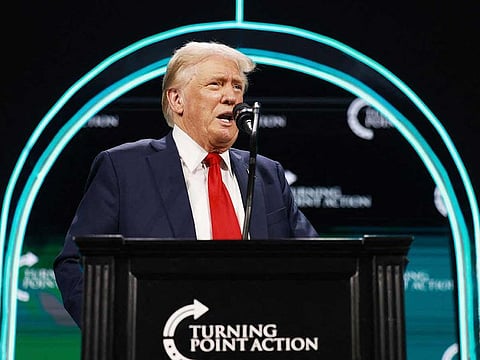 Former US President Donald Trump speaks during a Turning Point USA Believers Summit conference at the Palm Beach Convention Center on July 26, 2024 in West Palm Beach, Florida.
