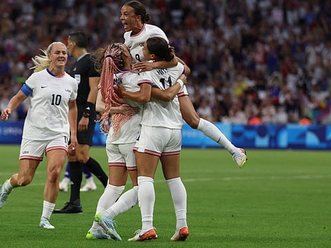 US' forward Sophia Smith is congratulated after scoring in the women's group B football match against Germany during the Paris 2024 Olympic Games at the Marseille Stadium on Sunday.