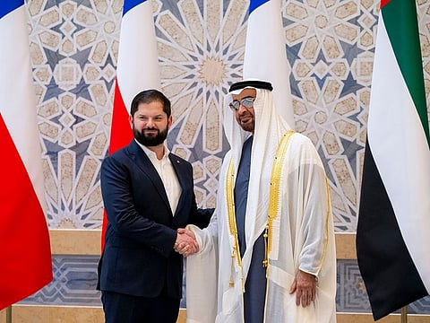UAE President His Highness Sheikh Mohamed bin Zayed Al Nahyan with President Gabriel Boric Font of Chile in Abu Dhabi on Monday.