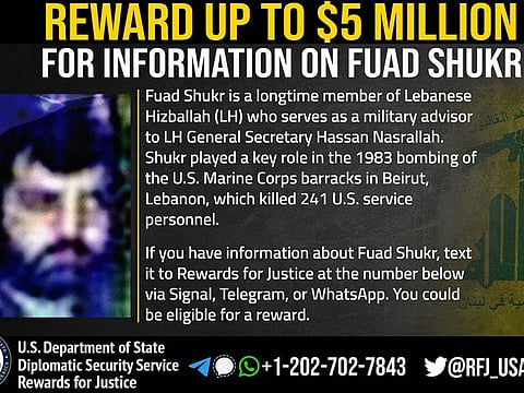 This undated image made available by Rewards for Justice and the US State Department shows information on Hezbollah military commander Fuad Shukr.