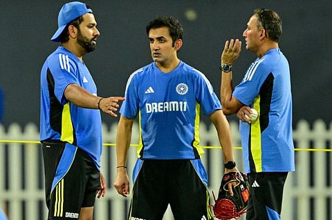 India's captain Rohit Sharma talks with head coach Gautam Gambhir (centre) and chief selector Ajit Agarkar (right) during a practice session at the R. Premadasa International Cricket Stadium in Colombo on Wednesday.