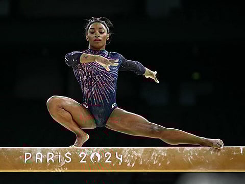 US' Simone Biles takes part in an artistic gymnastics training session at the Bercy Arena in Paris on July 25, 2024, ahead of the Paris 2024 Olympic Games.
