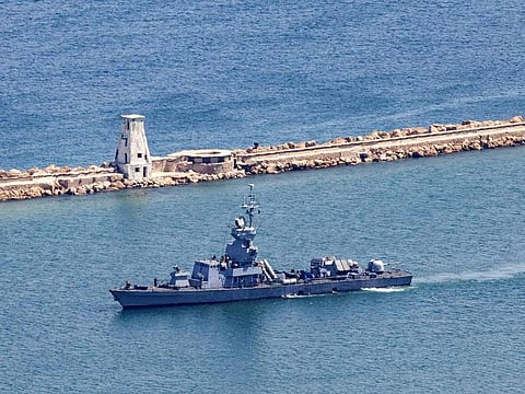 An Israeli Navy corvette patrols along the coast of the northern port city of Haifa on August 3, 2024, amid regional tensions during the ongoing war between Israel and the Hamas movement in the Gaza Strip.