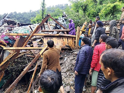 Heavy rain creates havoc as three houses got damaged due to a cloudburst, at Rajvan Village, Padhar in Mandi on Thursday.