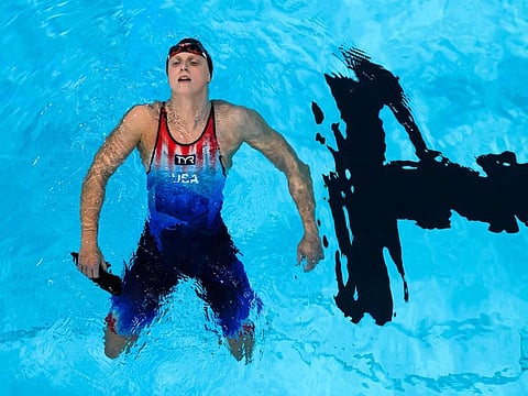 US' Katie Ledecky reacts after winning the final of the women's 800m freestyle swimming event during the Paris 2024 Olympic Games at the Paris La Defense Arena in Nanterre, west of Paris, on Saturday..