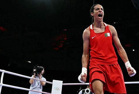 Algeria's Imane Khelif celebrates her victory over Hungary's Anna Luca Hamori in the women's 66kg quarter-final boxing match during the Paris 2024 Olympic Games at the North Paris Arena, in Villepinte on August 3.