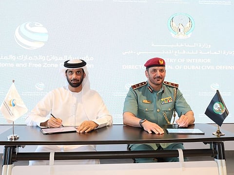 Major General Jamal bin Aded Al Muhairi, assistant director-general for resources and support services, Dubai Civil Defence and Nasser Al Neyadi, CEO, PCFC, signing the MoU in Dubai.