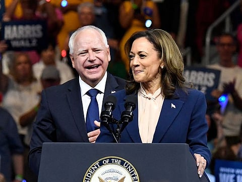 US Vice President and 2024 Democratic presidential candidate Kamala Harris speaks alongside her running mate Minnesota Gorvernor Tim Walz at Temple University's Liacouras Center in Philadelphia, Pennsylvania.