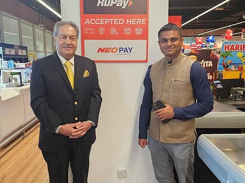 Kamal Vachani, Group Director & Partner of Al Maya Group, with Yatin Patel, Deputy Consul General of India in Dubai, during the launch of the UPI payments