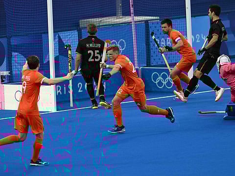 Netherlands' forward Koen Bijen celebrates scoring his team's first goal in the men's final field hockey match against Germany during the Paris 2024 Olympic Games at the Yves-du-Manoir Stadium in Colombes on Thursday.