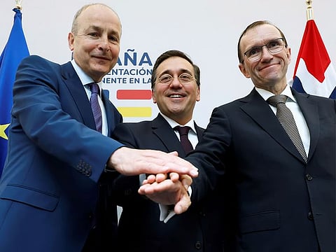From right: Norway's Foreign Minister Espen Barth Eide, Spain's Foreign Minister Jose Manuel Albares Bueno and Ireland's Foreign Minister Micheal Martin pose for a photo after a media conference during talks on the Middle East, in Brussels, on May 27, 2024. The three countries had announced their decision to recognise a Palestinian state.
