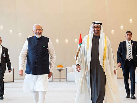 President His Highness Shaikh Mohammad Bin Zayed Al Nahyan receives Narendra Modi, Prime Minister of India, during a reception at the Presidential Airport in February, 2024