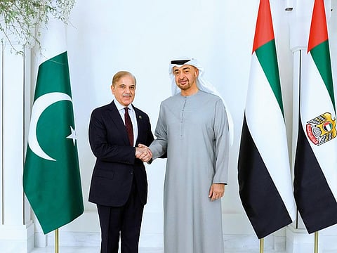 UAE President His Highness Shaikh Mohammad Bin Zayed Al Nahyan with Pakistan Prime Minister Shehbaz Sharif in Abu Dhabi during the latter’s official visit to the UAE in January 2023. The Pakistan Prime Minister’s meeting earlier this year in the UAE in May with Shaikh Nahyan explored avenues to further strengthen economic partnership